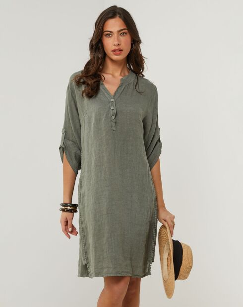 Khakigrünes Capucine-Kleid aus 100% Leinen