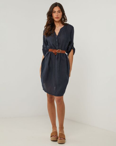 Marineblauwe jurk van 100% linnen Capucine