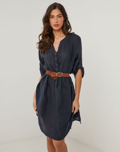Marineblauwe jurk van 100% linnen Capucine