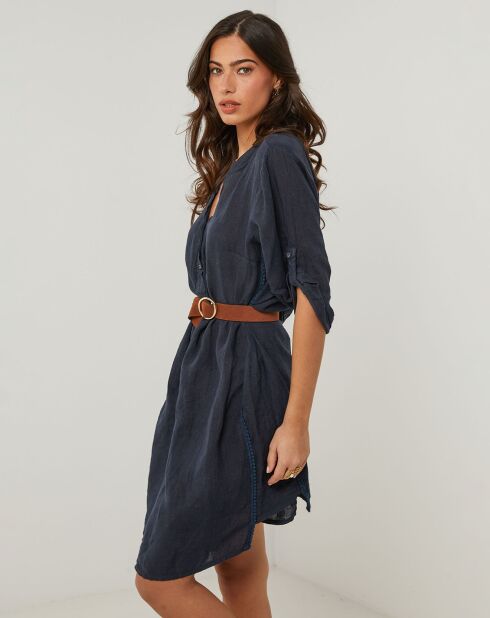 Marineblauwe jurk van 100% linnen Capucine