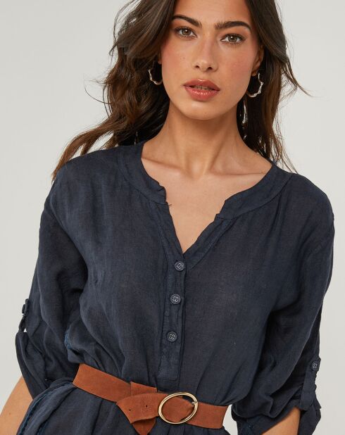 Marineblauwe jurk van 100% linnen Capucine