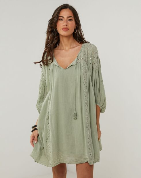 Robe 100% Lin Sarah vert kaki