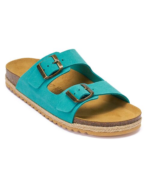Mules en Velours de Cuir Alberto turquoise