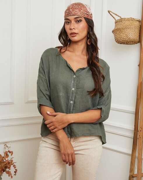 Chemise 100% Lin Iden vert kaki