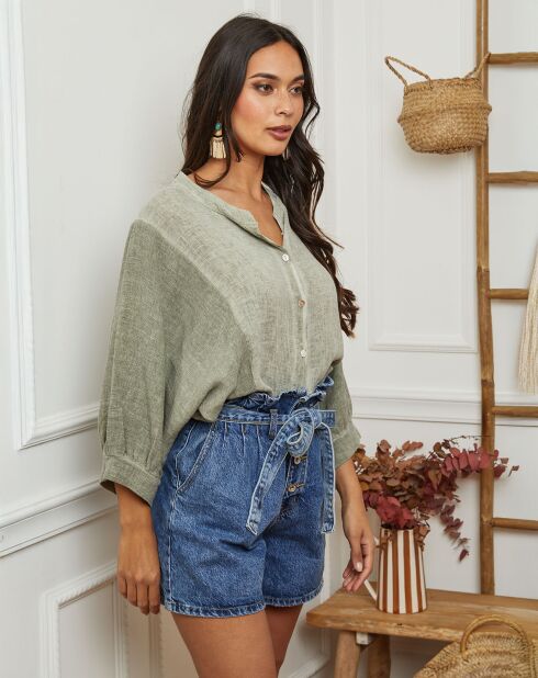 Chemise 100% Lin Mamyo vert kaki