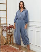Pantalon 100% Lin Manga bleu indigo