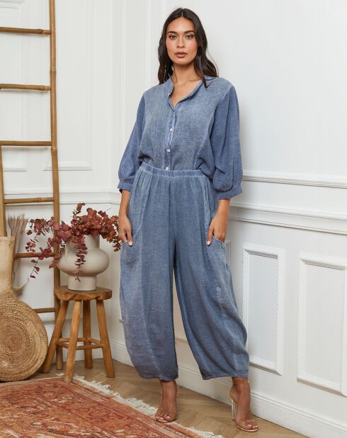 Pantalon 100% Lin Manga bleu indigo