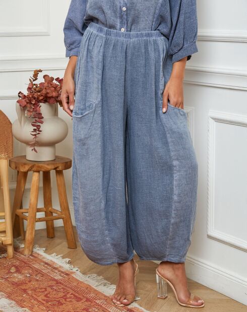 Pantalon 100% Lin Manga bleu indigo