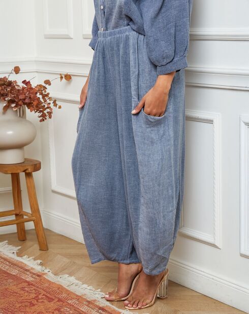 Pantalon 100% Lin Manga bleu indigo
