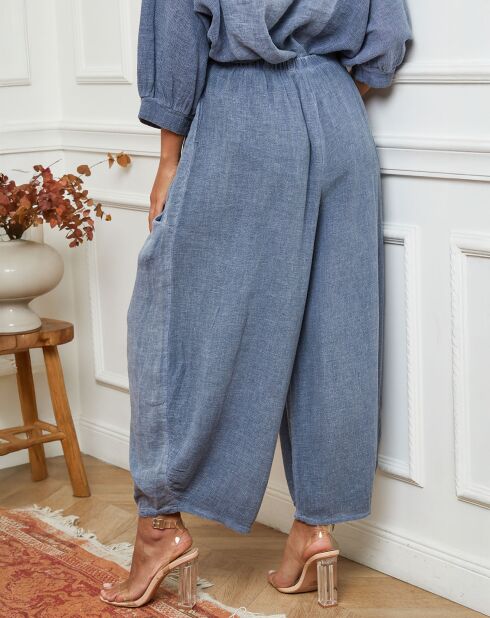 Pantalon 100% Lin Manga bleu indigo