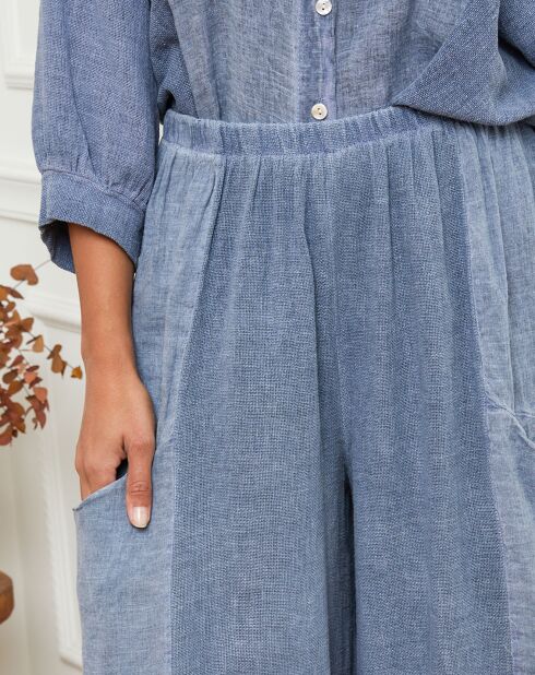 Pantalon 100% Lin Manga bleu indigo