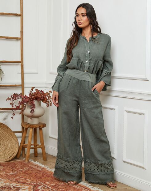 Pantalon 100% Lin Odel vert kaki