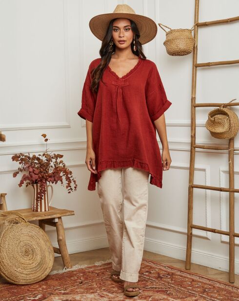 Tunique 100% Lin Kalela rouge brique