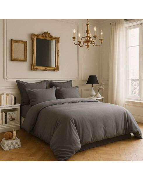 Housse de couette satin de coton lavé  grise