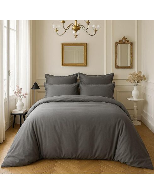 Housse de couette satin de coton lavé  grise