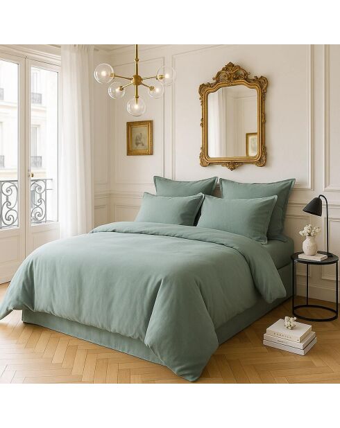 Housse de couette satin de coton lavé  verte