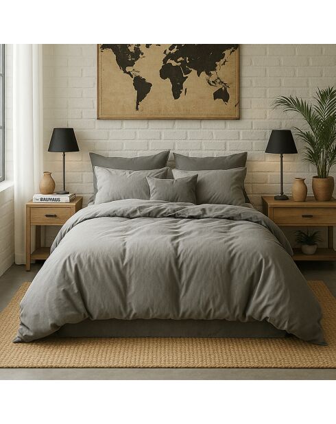 Housse de couette en percale de coton lavé gris perle