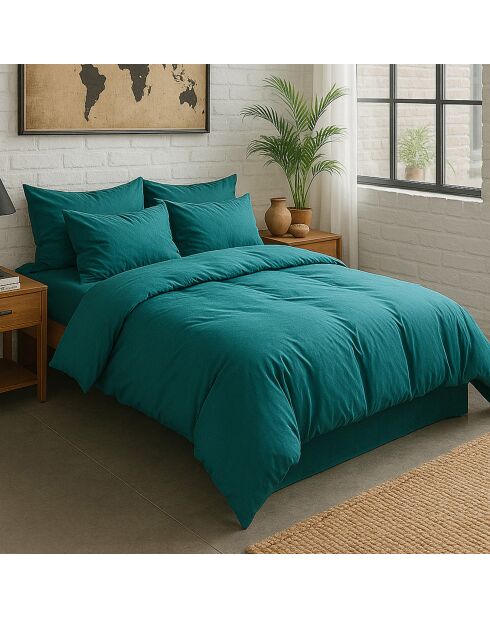 Housse de couette en percale de coton lavé bleu canard