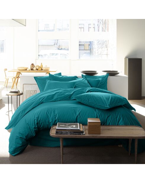 Housse de couette en percale de coton lavé bleu canard