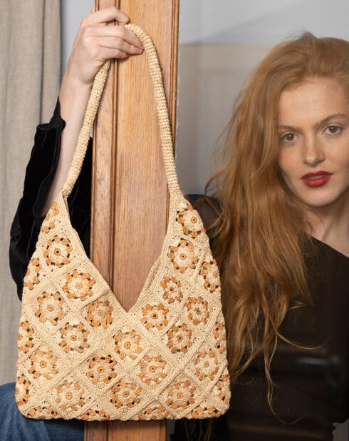 Sac porté épaule en Raphia Mandy abricot  - 32x52x2 cm