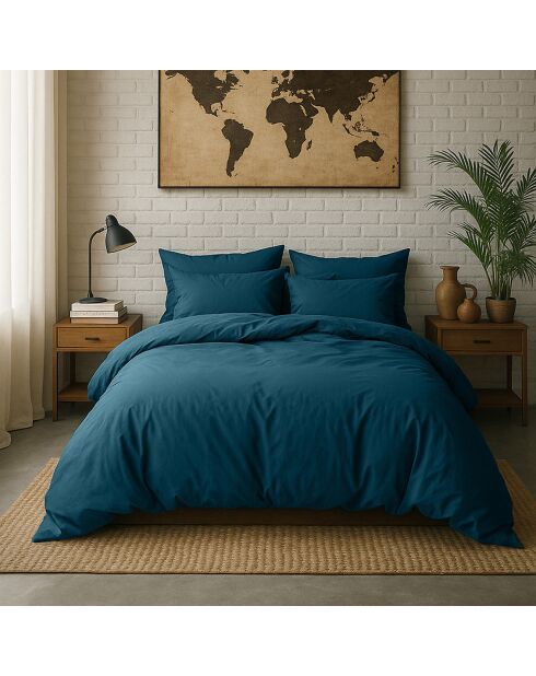 Taie d'oreiller avec volant en percale de coton lavé bleu imperial