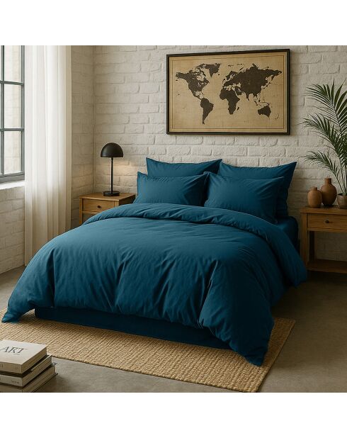 Taie d'oreiller avec volant en percale de coton lavé bleu imperial