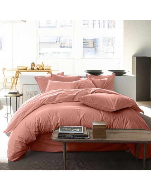 Taie d'oreiller avec volant en percale de coton lavé rose poudré