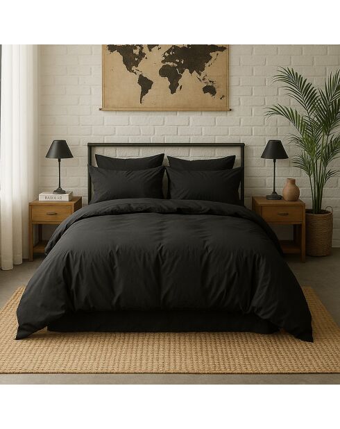 Taie d'oreiller avec volant en percale de coton lavé noir minuit