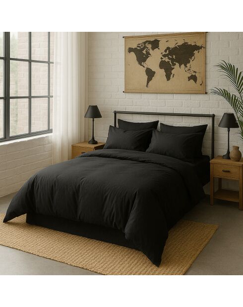 Taie d'oreiller avec volant en percale de coton lavé noir minuit