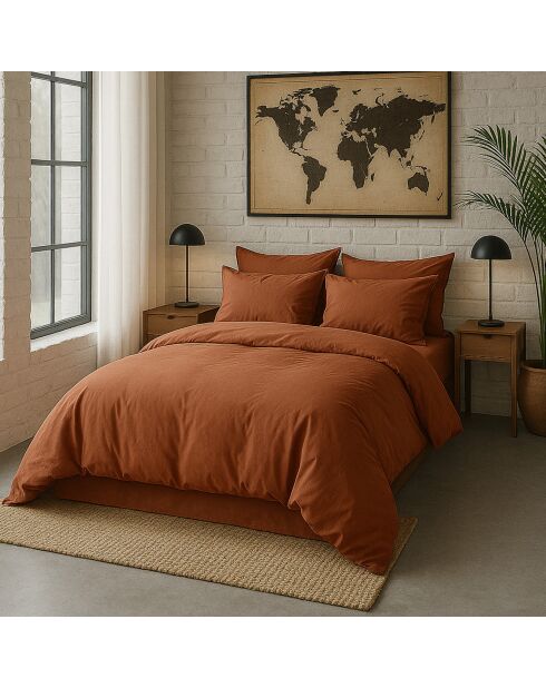 Taie d'oreiller avec volant en percale de coton lavé terracotta