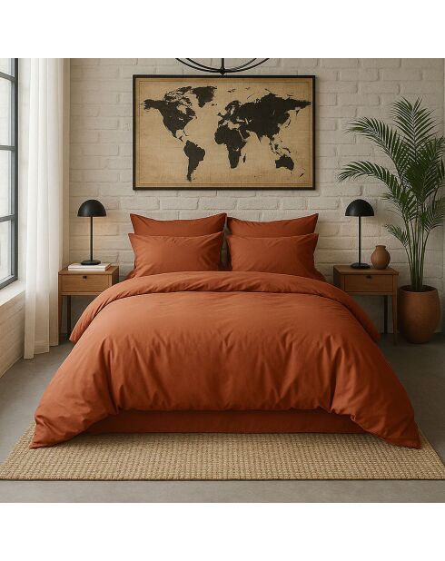 Taie d'oreiller avec volant en percale de coton lavé terracotta