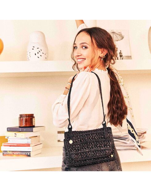 Sac porté épaule en Raphia Ava noir - 16.5x25x5 cm
