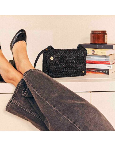 Sac porté épaule en Raphia Ava noir - 16.5x25x5 cm