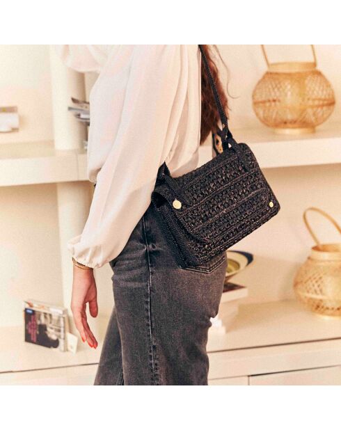 Sac porté épaule en Raphia Ava noir - 16.5x25x5 cm