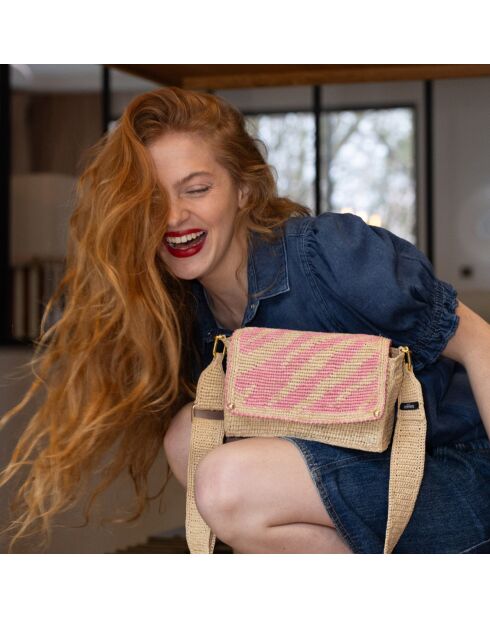 Sac bandoulière en Raphia Nina Wild rose - 21x13.5x4 cm
