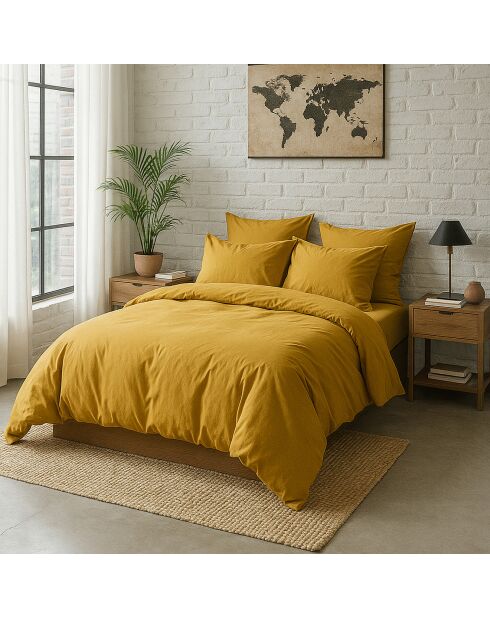 Housse de Couette 100% Percale de Coton - Finition Bouteille 40cm jaune moutarde