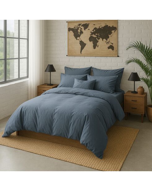 Drap Housse uni 100% Percale de Coton - Bonnet 30 cm bleu forever