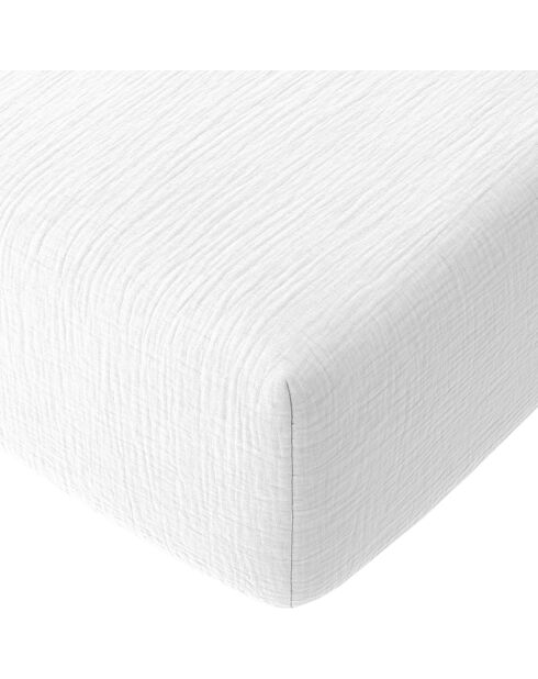 Drap Housse 100% Gaze de Coton Lavé - Bonnet 30 cm  blanc pur