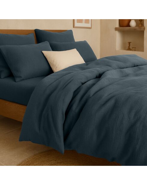 Sábana bajera ajustable de gasa de algodón 100% lavado, gorro azul petróleo de 30 cm