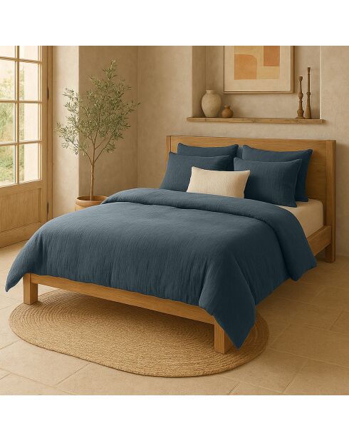 Petrolblauw dekbedovertrek van 100% gewassen katoengaas