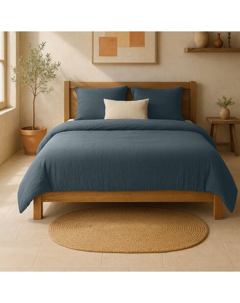 Petrolblauw dekbedovertrek van 100% gewassen katoengaas