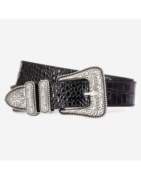Ceinture en Cuir effet crocodile avec boucle Western noire