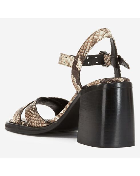 Sandales à talon en cuir python beige et marron