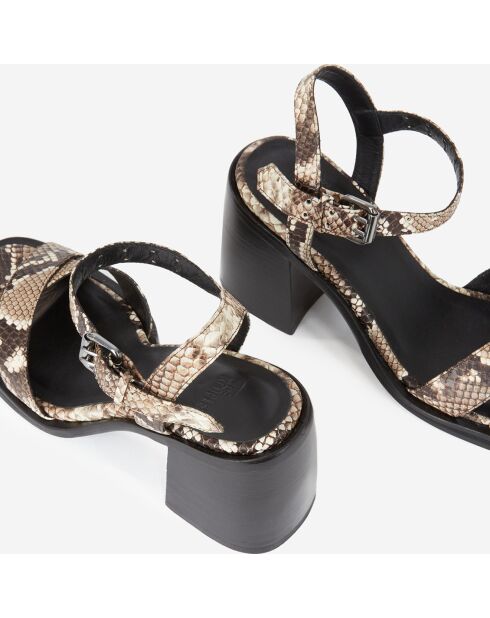 Sandales à talon en cuir python beige et marron
