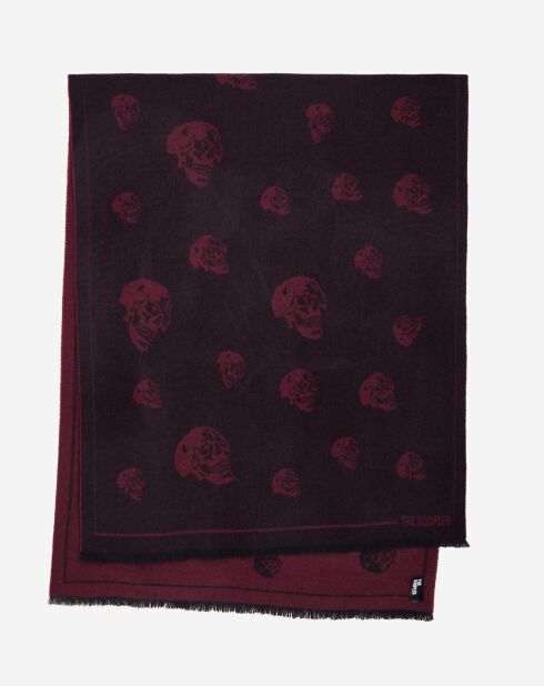 Echarpe 100% laine avec têtes de mort noir/bordeaux - 80x180 cm
