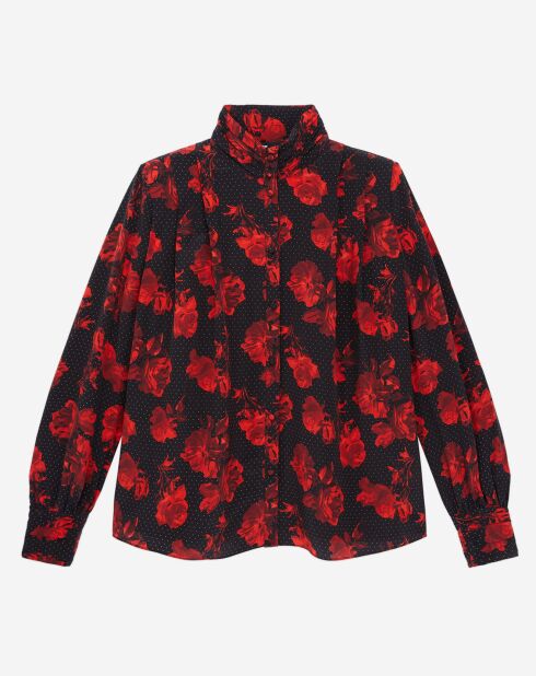 Top 100% Soie imprimé avec plissage noir/rouge