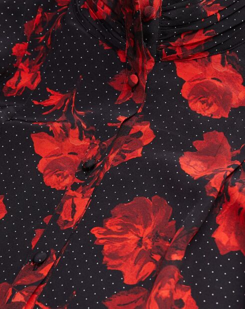 Top 100% Soie imprimé avec plissage noir/rouge