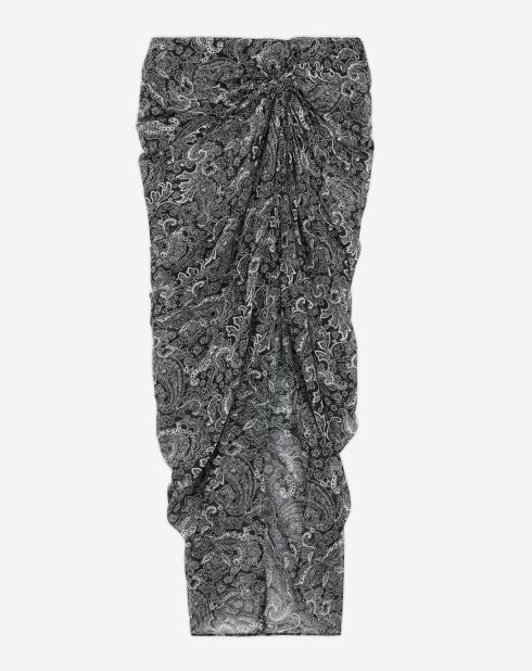 Jupe 100% Soie mi-longue imprimée noire