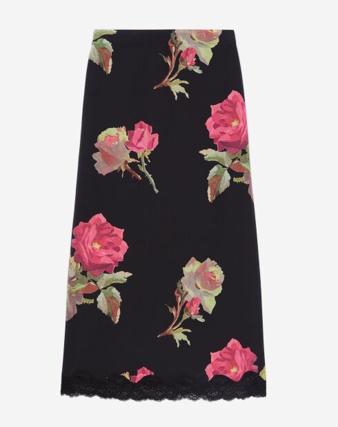 Jupe longue 100% Soie imprimée avec dentelle noire