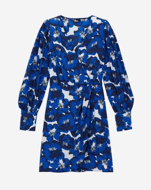 Robe 100% Soie portefeuille courte imprimée bleue